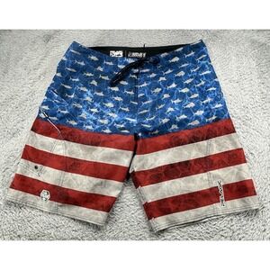 Pelagic Swim Trunks Men 36 Sharkskin USA  Boardshorts Flag Fishing Beach Surfing